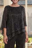 Black Ruffled Round Neck 2 Piece Mum Of The Outfit with 3/4 Sleeves