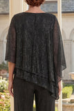 Black Ruffled Round Neck 2 Piece Mum Of The Outfit with 3/4 Sleeves
