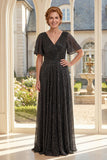 Glitter Black V-Neck A Line Mum Of The Bride Dress with Short Sleeves