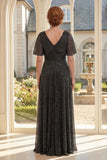 Glitter Black V-Neck A Line Mum Of The Bride Dress with Short Sleeves