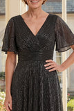 Glitter Black V-Neck A Line Mum Of The Bride Dress with Short Sleeves