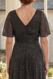 Glitter Black V-Neck A Line Mum Of The Bride Dress with Short Sleeves