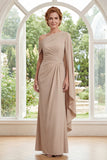 Mermaid Champagne One Shoulder Ruched Mum Of The Bride Dress with Cape Sleeve