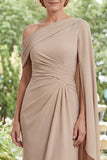 Mermaid Champagne One Shoulder Ruched Mum Of The Bride Dress with Cape Sleeve