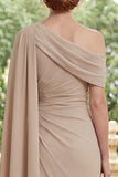 Mermaid Champagne One Shoulder Ruched Mum Of The Bride Dress with Cape Sleeve