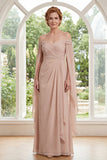 Champagne A Line Off The Shoulder Ruched Maxi Dress with Cape Sleeves