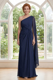 Navy Mermaid One Shoulder Ruched Mum Of The Bride Dress with Cape Sleeve