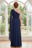 Navy Mermaid One Shoulder Ruched Mum Of The Bride Dress with Cape Sleeve