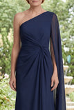 Navy Mermaid One Shoulder Ruched Mum Of The Bride Dress with Cape Sleeve