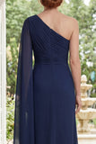 Navy Mermaid One Shoulder Ruched Mum Of The Bride Dress with Cape Sleeve