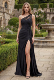 Beaded Mermaid Black One Shoulder Appliqued Prom Dress with Slit