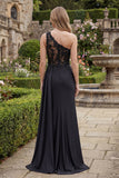 Beaded Mermaid Black One Shoulder Appliqued Prom Dress with Slit