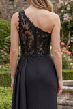 Beaded Mermaid Black One Shoulder Appliqued Prom Dress with Slit