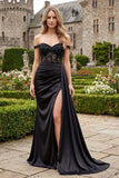 Off The Shoulder Mermaid Black Side Drape Appliqued Prom Dress with Slit