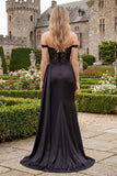 Off The Shoulder Mermaid Black Side Drape Appliqued Prom Dress with Slit