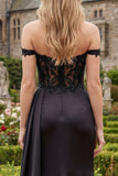 Off The Shoulder Mermaid Black Side Drape Appliqued Prom Dress with Slit