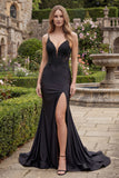 Black Spaghetti Straps Mermaid Appliqued Long Prom Dress with Slit