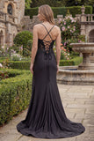 Black Spaghetti Straps Mermaid Appliqued Long Prom Dress with Slit