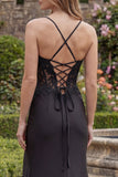Black Spaghetti Straps Mermaid Appliqued Long Prom Dress with Slit