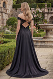 A Line Black Off The Shoulder Beaded Prom Dress with Appliques