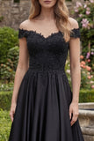 A Line Black Off The Shoulder Beaded Prom Dress with Appliques