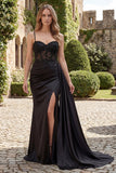 Mermaid Black Spaghetti Straps Beaded Side Drape Appliqued Prom Dress with Slit