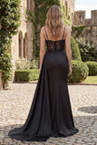 Mermaid Black Spaghetti Straps Beaded Side Drape Appliqued Prom Dress with Slit