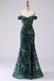 Off the Shoulder Dark Green Mermaid Beaded Prom Dress with Slit
