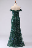 Off the Shoulder Dark Green Mermaid Beaded Prom Dress with Slit