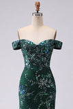 Off the Shoulder Dark Green Mermaid Beaded Prom Dress with Slit