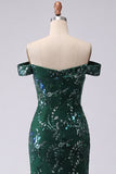 Off the Shoulder Dark Green Mermaid Beaded Prom Dress with Slit