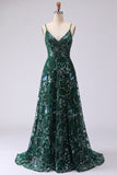 Dark Green A Line Spaghetti Straps Beaded Long Prom Dress