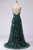 Dark Green A Line Spaghetti Straps Beaded Long Prom Dress