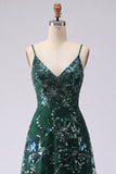 Dark Green A Line Spaghetti Straps Beaded Long Prom Dress
