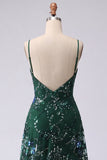 Dark Green A Line Spaghetti Straps Beaded Long Prom Dress