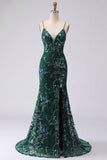 Sparkly Dark Green Spaghetti Straps Mermaid Long Prom Dress with Slit