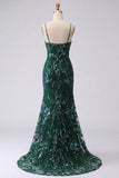 Sparkly Dark Green Spaghetti Straps Mermaid Long Prom Dress with Slit
