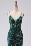 Sparkly Dark Green Spaghetti Straps Mermaid Long Prom Dress with Slit