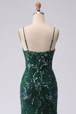Sparkly Dark Green Spaghetti Straps Mermaid Long Prom Dress with Slit