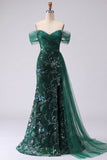 Mermaid Dark Green Off the Shoulder Appliqued Prom Dress with Side Cape