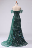 Mermaid Dark Green Off the Shoulder Appliqued Prom Dress with Side Cape