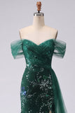 Mermaid Dark Green Off the Shoulder Appliqued Prom Dress with Side Cape