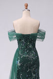 Mermaid Dark Green Off the Shoulder Appliqued Prom Dress with Side Cape