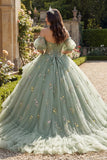 Dusty Sage Off the Shoulder A Line Quinceañera Dress with Appliques