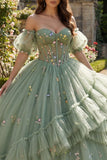 Dusty Sage Off the Shoulder A Line Quinceañera Dress with Appliques