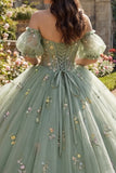 Dusty Sage Off the Shoulder A Line Quinceañera Dress with Appliques