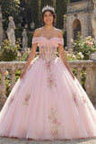 Pink Ball Gown Corset Off the Shoulder Quinceañera Dress with Appliques