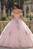 Pink Ball Gown Corset Off the Shoulder Quinceañera Dress with Appliques