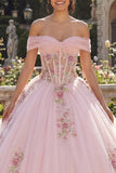 Pink Ball Gown Corset Off the Shoulder Quinceañera Dress with Appliques