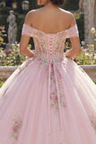 Pink Ball Gown Corset Off the Shoulder Quinceañera Dress with Appliques